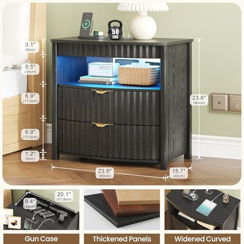FREDEES Bedside Table with Hidden Drawer and LED Lights for Bedroom, Black 1
