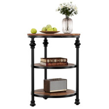 Garvee Space-Saving 3-Tier Round Coffee Table – Rustic Brown Side Table with Storage Shelf, Sturdy Metal Frame, Accent End Table for Living Room or