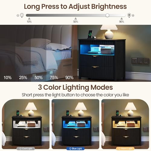FREDEES Bedside Table with Hidden Drawer and LED Lights for Bedroom, Black 2