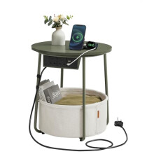 VASAGLE Side Table, Round End Table with Fabric Basket and Power Out LETs, for Living Room Bedroom, Bedside Table, Modern Style, Forest Green and
