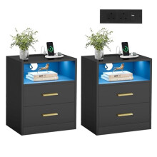 VASAGLE Collection - Bedside Table with Charging Station, LED Lights, Modern Side End Table with Drawers, Open Shelf, 2 AC Outlets USB Ports, Matte