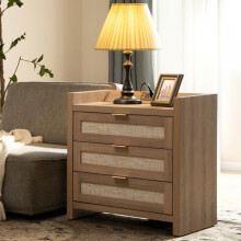 SICOTAS Larger Rattan Night Stand - Tall Nightstands with Type-C Charging Station, 3 Storage Drawers, Boho Bedside Table End Table with Storage for