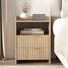Yvsevnr Fluted Bedside Tables with 2 Drawers and Open Shelf, Bed Side Table for Bedroom Bedside Cabinet, Wooden Nightstand for Bedroom, Livingroom,