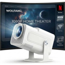 WOLFANG 4K Mini Projector【Built-in Apps/Official Netflix】, 26000 Lumen WiFi 6 Portable Projector with 50% Zoom, 180 Rotatable Smart Home