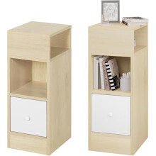 EUGAD Set of 2 Narrow Bedside Tables, Slim Nightstands with 2 Open Compartments and 1 Drawer Each, Space Saving Wooden Cabinets for Bedroom Living