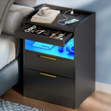 Mondeer Bedside Table with Charging Station, LED, Hidden Drawer