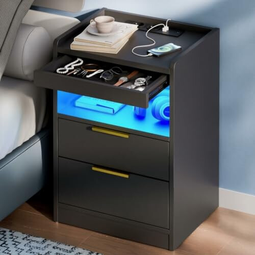 Mondeer Bedside Table with Charging Station, LED, Hidden Drawer