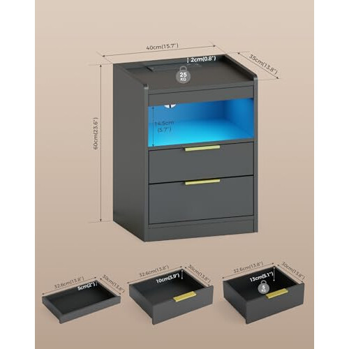 Mondeer Bedside Table with Charging Station, LED, Hidden Drawer 1