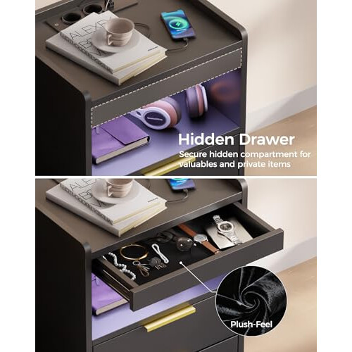 Mondeer Bedside Table with Charging Station, LED, Hidden Drawer 2