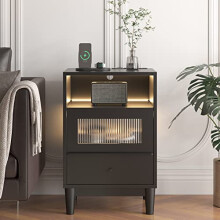 Jehiatek Bedside Table with Charging Station & LED Lights, Nightstand with 2 Drawers & USB Ports, Modern Bedside Cabinet with Socket & Open