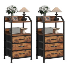 GoaHi Bedside Table Set of 2, Nightstands with 3 Fabric Drawers and Open Shelf, Modern Sofa End Tables with Wood Top and Metal Frame for Bedroom,