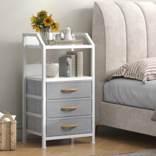 Feonase Bedside Table with 3 Fabric Drawers and Open Shelf, Nightstand for Bedroom, Living Room, Small Spaces – Metal Frame & Wooden Top, Compact