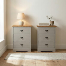 Pair of Corona Bedside Cabinets, 3-Drawer Modern Spacious Grey & Antique Wax Finish, Black Metal Hardware, Set of 2 Storage Units, Nightstand Table