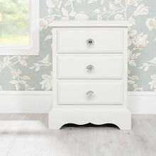 Romance Antique White Solid Wood French Style 3 Drawer Bedside Cabinet with Diamond Crystal Handles | Comes Fully Assembled | Wooden Bedside Table,