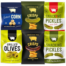 Serious Pig Vegan Snack Selection Box with Pickles Corn Olives Crisps (18 Pack)