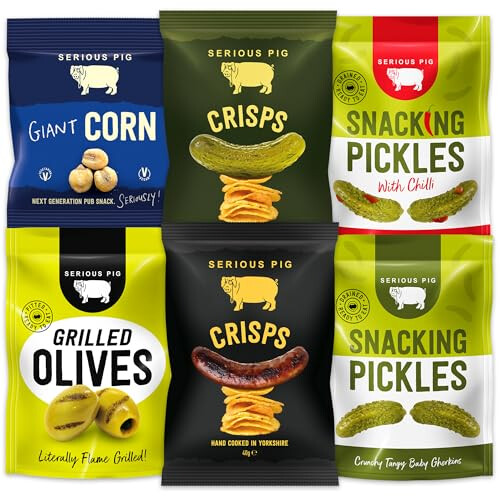 Serious Pig Vegan Snack Selection Box with Pickles Corn Olives Crisps (18 Pack)