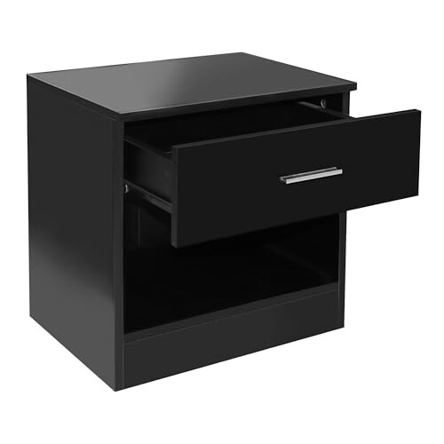 Comfy Living Comfy Living Modern Bedside Table with Drawer and Open Shelf, High Gloss, Bedroom Storage Table (Black) 2