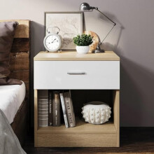 Comfy Living Modern Bedside Table with Drawer and Open Shelf, High Gloss, Bedroom Storage Table (Oak/White)