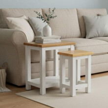 GROF GROFurniture White Set of 2 Side Tables - 2-Tier Sofa Side Tables with Oak Top, Wooden Bedside Tables, for Living Room, Bedroom, Home Office, End