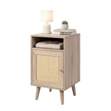 Swish Furniture Willow Bed Side Table for Bedroom Cupboard Storage, Oak and Real Rattan Bedside Table, 1 Door Bedside Cabinet Storage Unit with Open