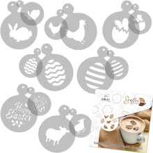 NAKLEO Coffee Stencils and Cookies Decoration 14Pcs 7x7 and 11x11cm, Reusable Plastic Baking Templates, Easter Bunny Basket, Barista DIY Art Craft,