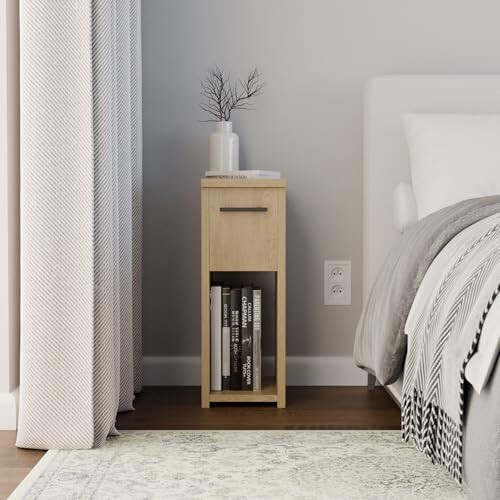 ComfortCove Narrow Bedside Table with Storage Shelf & Handle, Oak 1