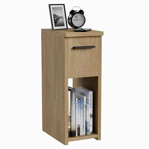 ComfortCove Narrow Bedside Table with Storage Shelf & Handle, Oak