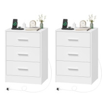 WOLTU Bedside Tables Set of 2, Bedside Cabinets with Charging Station, 3 Drawers, White Nightstands Side Tables for Living Room Bedroom Study,