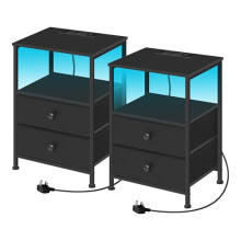 WOLTU Set of 2 Bedside Tables with Charging Station, Nightstands Bedside Cabinets with LED Lights, 2 Drawers 1 Open Shelf, Side Tables for Living Room