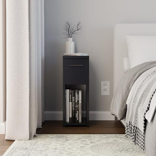 ComfortCove Narrow Bedside Table with Storage Shelf & Handle, Black 1
