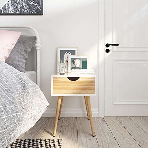 Mondeer Bedside Table, Side Storage Cabinet with 1 Drawer, White and Oak 2