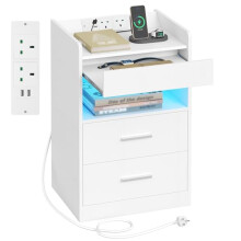 Hzuaneri Bedside Table with Power Strip, Bedside Cabinet with Pull-Out Tray & 2 Drawers, Side Table with LED, Open Compartment, Nightstand for Living