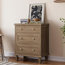 Crevyteg 4 Drawer Bedside Table, Farmhouse Style Wooden Nightstand with Carved Handles and Tapered Legs, Sturdy Storage Cabinet Feature for Bedroom