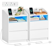 Hzuaneri Bedside Tables Set of 2 with Power Strip, Bedside Cabinet with 2 Drawers, Side Table with LED, 2 AC and 2 USB Ports, Open Compartment,