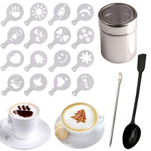 16PCS Coffee Stencils Stainless Steel Chocolate Shaker Duster for Cappuccino with Measuring Spoon, Latte Art Stencil Pen Coffee Stencils Barista