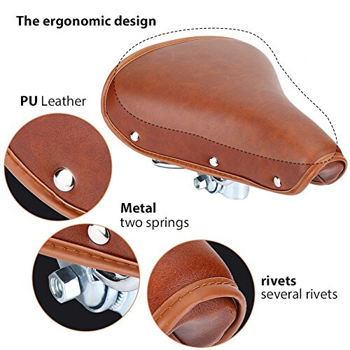 Bicycle Saddle, Universal Brown Rivets Bike Seat Comfortable Spring Bicycle Saddle with PU Leather 1