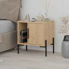 HOCUS PICUS Bedside Table with Black Metal Straight Leg Engineered, Oak