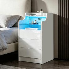 Senvoziii White Bedside Table with Charging Station LED Light Nightstand High Gloss Bedside Cabinet Unit with 3 Drawers & Glass Shelve for Bedroom