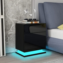 BESTWANTED Bedside Table High Gloss Front 3 Drawers Nightstand Modern Bedside Cabinet with LED Lights Bedroom Furniture 60 x 35 x 50CM (Black)