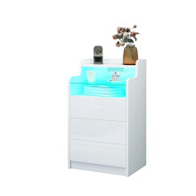 Bedside Table with Socket 3 Drawers Modern Bedside Cabinet,High Gloss Front Nightstand with LED Lights for Living Room Bedroom Home Furniture (White)