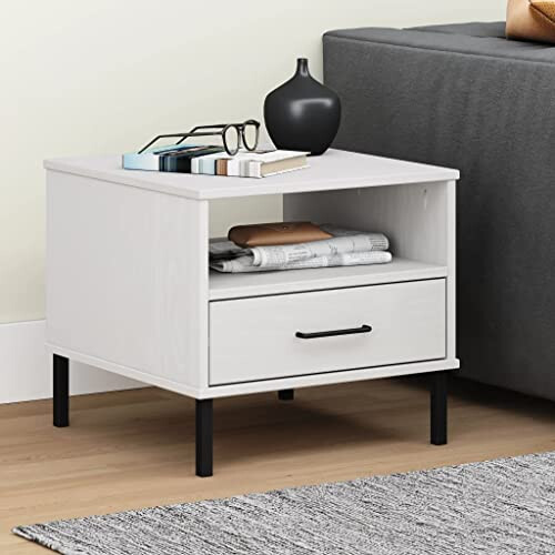 VidaXL vidaXL Bedside Table with Metal Legs White Solid Wood Pine OSLO 1