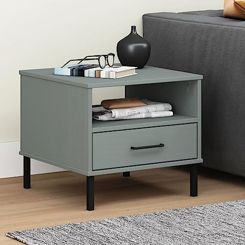 VidaXL vidaXL Bedside Table with Metal Legs Grey Solid Wood Pine OSLO 1