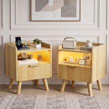 BonVache Bedside Tables Set of 2, Wooden Nightstands with LED Lights and Charging Station, Bedside Cabinet with Fluted drawer and solid wood legs,