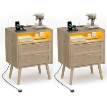 BonVache Set of 2 Bedside Tables with lights, Nightstand with 2 Power Sockets und USB-C ports, Bed side Table with natural rattan and solid wood base,