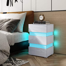 Senvoziii Bedside Cabinet Tables Modern Nightstand Unit Chest of 3 Drawers High Gloss Sofa Table Side Tables with RGB LED Lights for Bedroom Furniture