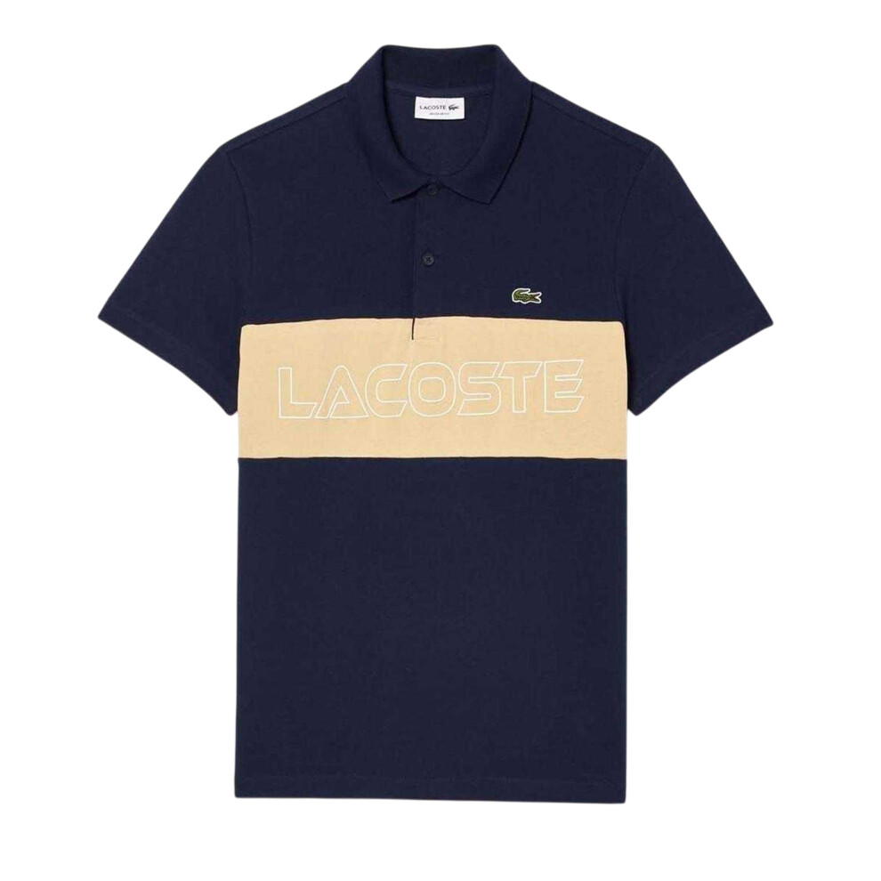 Lacoste (S, Navy/Beige) Mens Colour Block Pique Stretch Polo Shirt