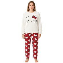 (4 UK - 6 UK, White/Red) Hello Kitty Womens/Ladies Fleece Long Pyjama Set