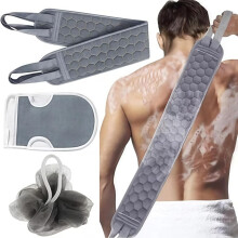 Conjunto de Toalhas de Banho Esfoliantes com Fibra Vegetal, Esfoliante Corporal com Tira para as Costas e Esponja de Banho Gray