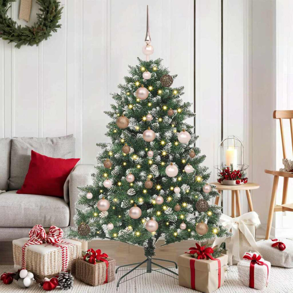 Pre-Lit Rose Bauble Pinecones Snow Flocked Artificial Christmas Tree 4Ft Gold/Green Vidaxl - Image 3
