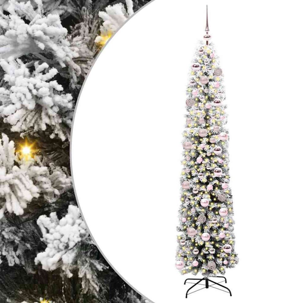 Snow Flocked Artificial Christmas Tree With Leds Decoration Ornaments 6Ft Green/Pink Vidaxl - Image 2